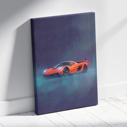 Koenigsegg Jesko inspired luxury automotive wall art featuring a vibrant orange hypercar on dark canvas print