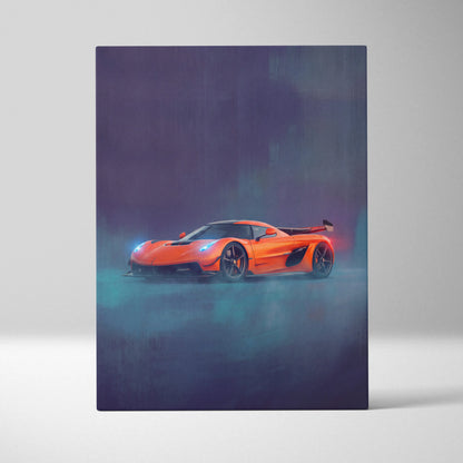 Koenigsegg Jesko inspired luxury supercar canvas print featuring a vibrant orange hypercar with glowing blue and red accents