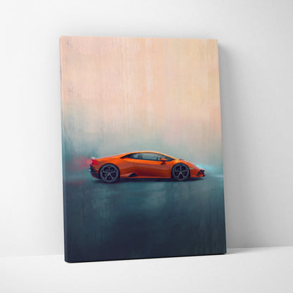 Orange lamborghini huracán sports car stylized painting on canvas for custom car wall art print
