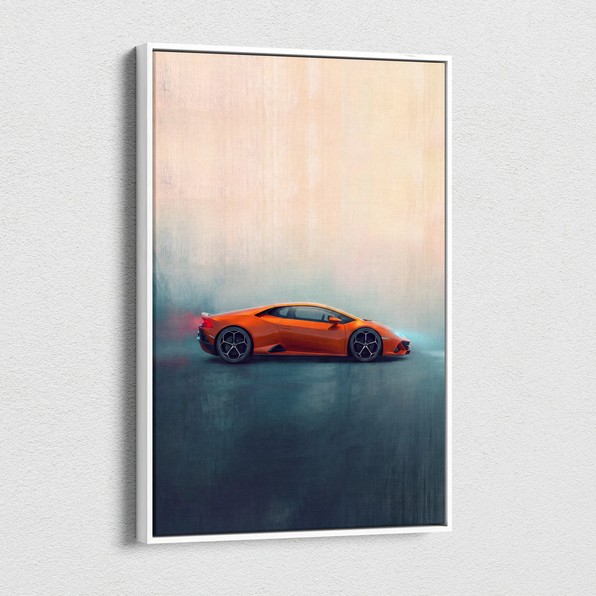 Lamborghini huracán evo inspired supercar canvas art featuring an orange sports car with black alloy wheels in a white frame