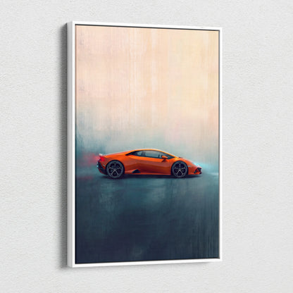 Lamborghini huracán evo inspired supercar canvas art featuring an orange sports car with black alloy wheels in a white frame