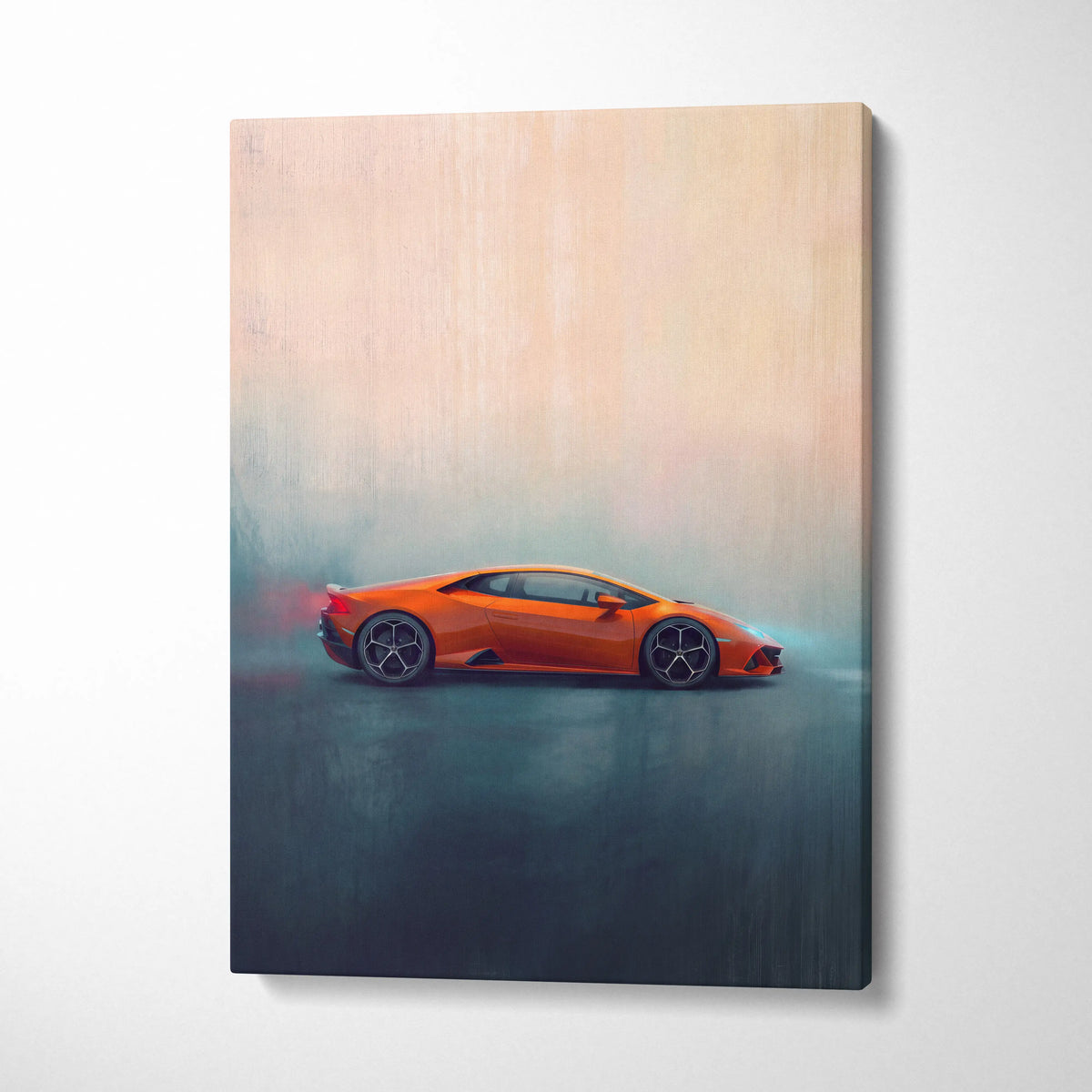 Vibrant orange lamborghini huracán evo inspired supercar side-profile canvas art print for custom car wall decor