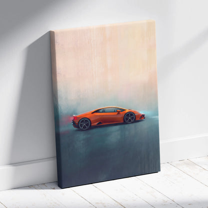 Orange Lamborghini Huracán Evo inspired sports car printed on canvas with gradient background for custom wall art