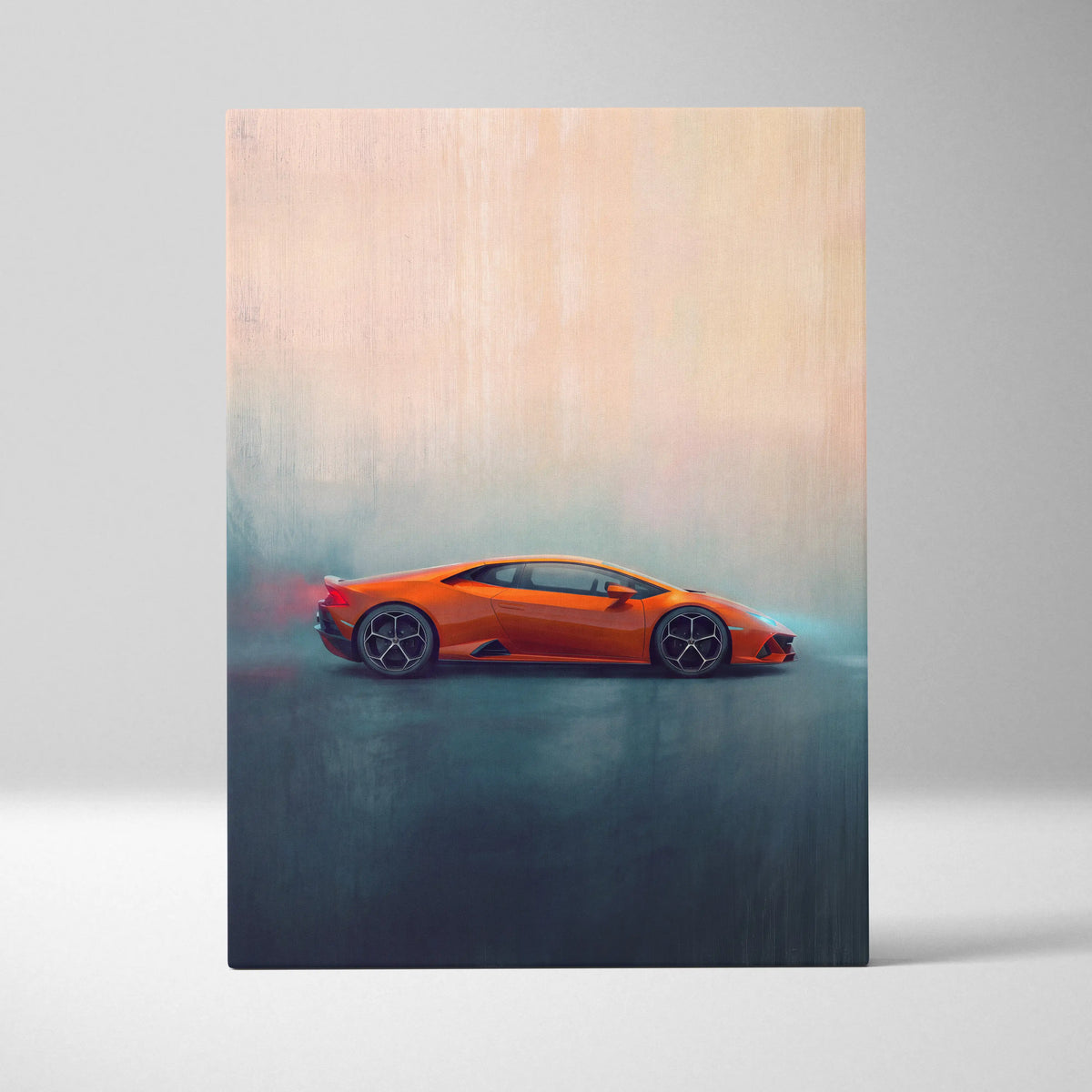 Vibrant orange Lamborghini Huracán Evo inspired supercar canvas art print featuring stylized painterly artwork