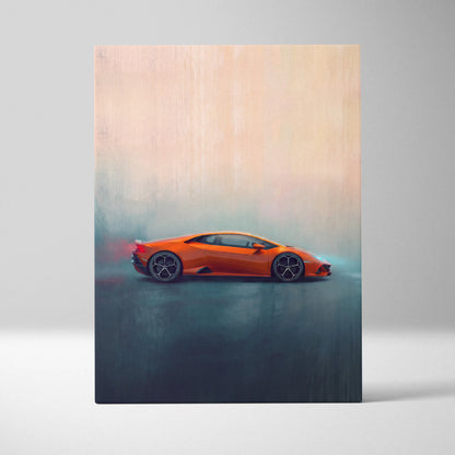 Vibrant orange Lamborghini Huracán Evo inspired supercar canvas art print featuring stylized painterly artwork