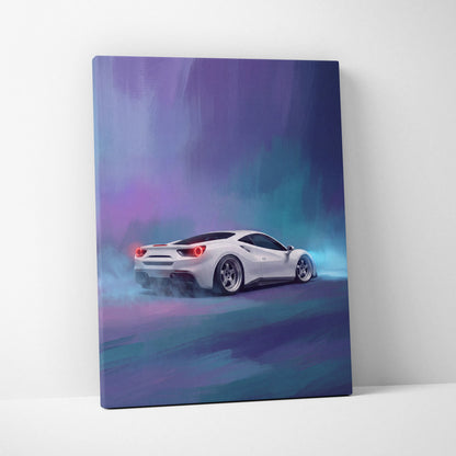 White Ferrari 488 GTB inspired canvas art with glowing red taillights and purple-blue nebula background wall decor