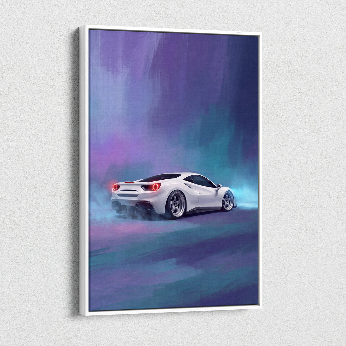 White ferrari 488 gtb inspired canvas art with glowing red taillights and smoke effects for premium wall decor