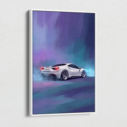 White ferrari 488 gtb inspired canvas art with glowing red taillights and smoke effects for premium wall decor