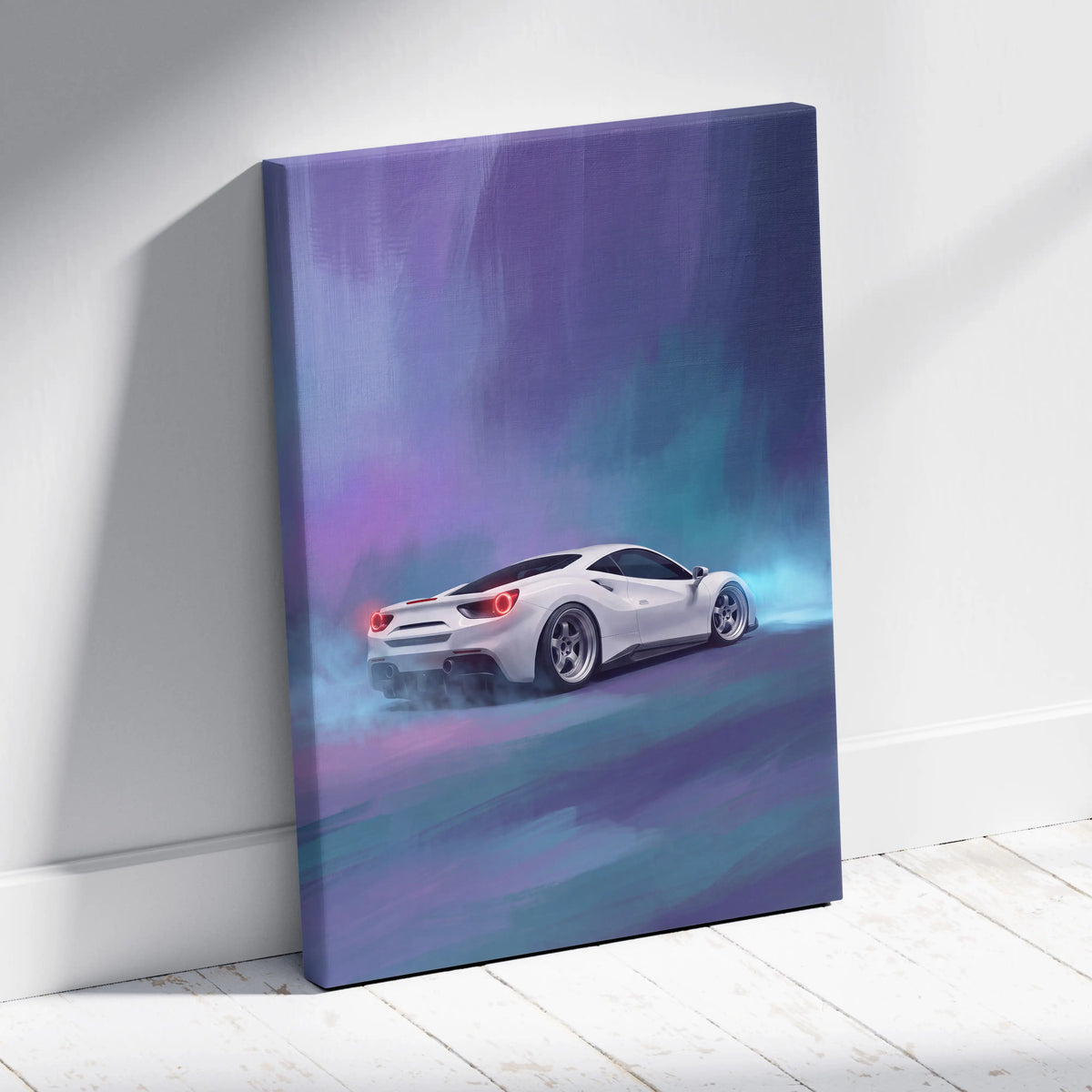 White ferrari 488 gtb inspired canvas art with glowing red taillights on smoky purple-blue background premium decor