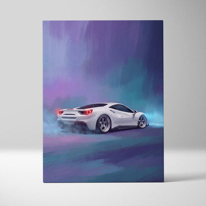White ferrari 488 gtb sports car in neon drift scene with glowing taillights on premium automotive canvas art
