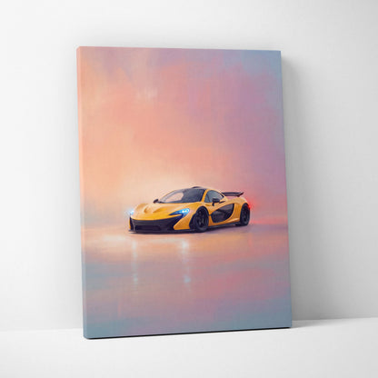 McLaren P1 inspired car wall art featuring vibrant yellow and black sports car with glowing blue headlights on canvas print