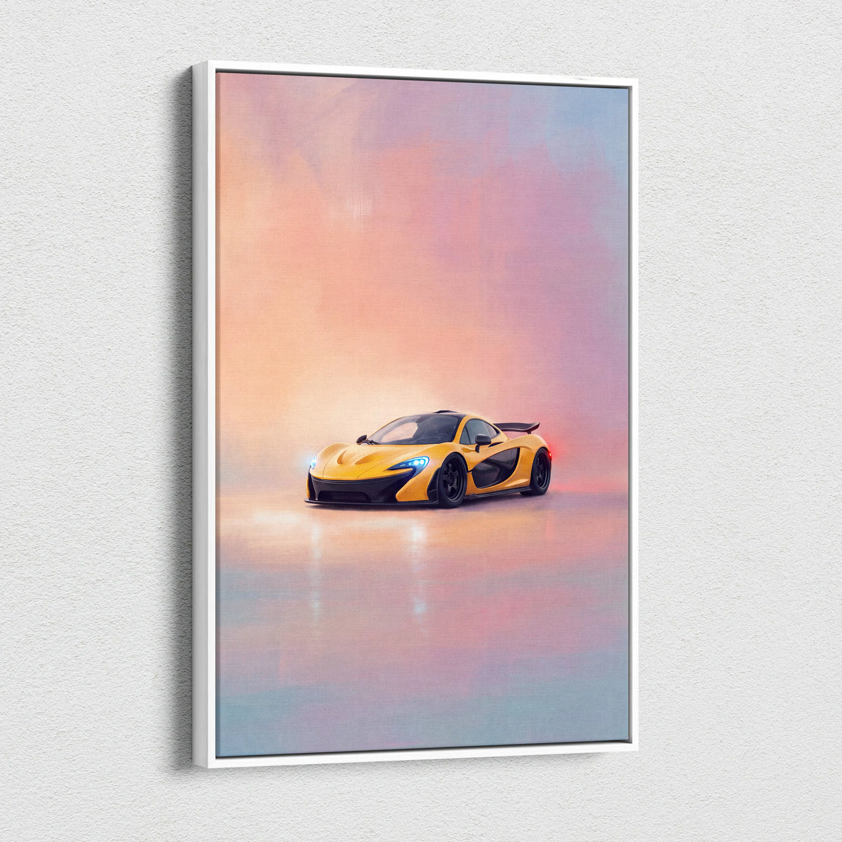 Yellow mclaren p1 sports car wall art poster in a white frame track edition canvas painting print