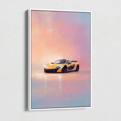 Yellow mclaren p1 sports car wall art poster in a white frame track edition canvas painting print