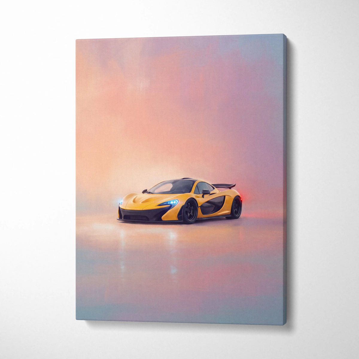 Yellow McLaren P1 inspired sports car canvas print with black accents and glowing blue headlights on pink purple sky