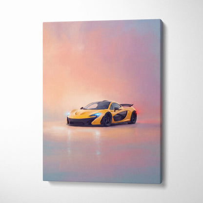 Yellow McLaren P1 inspired sports car canvas print with black accents and glowing blue headlights on pink purple sky