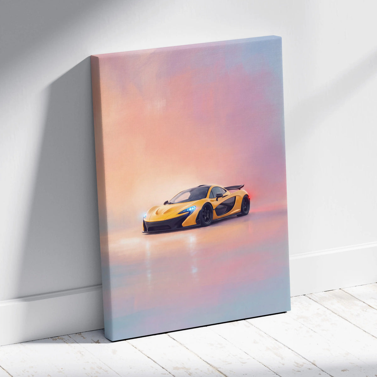 Yellow and black mclaren p1 sports car canvas print featuring track edition design for wall art display