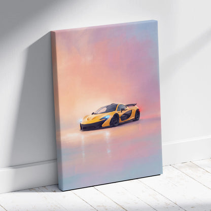 Yellow and black mclaren p1 sports car canvas print featuring track edition design for wall art display
