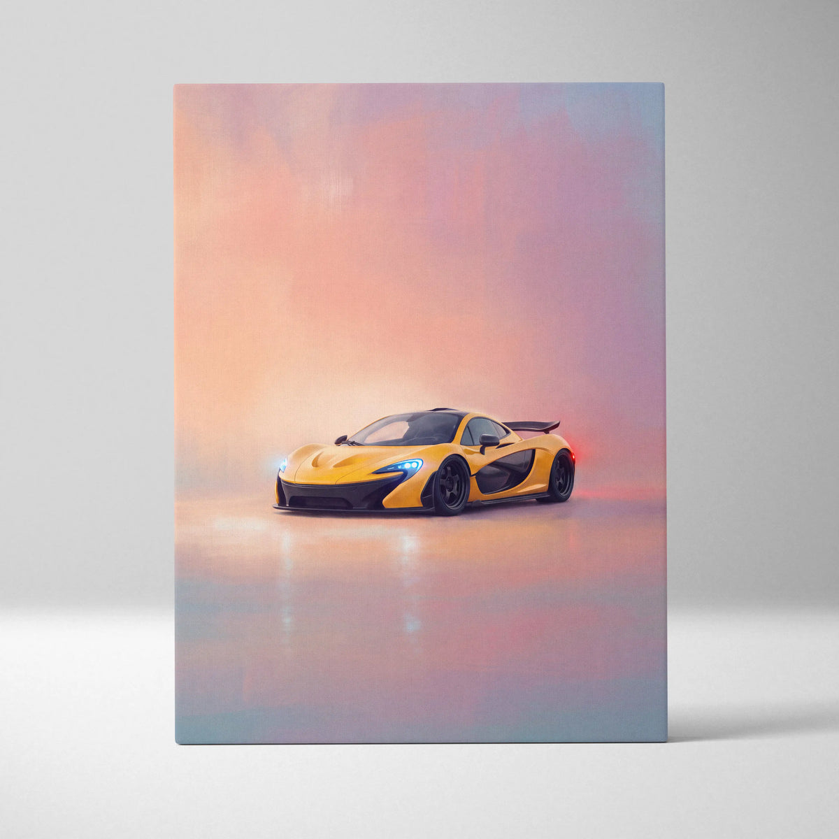 Mclaren p1 inspired car wall art canvas print featuring a vibrant yellow sports car with black accents and blue headlights