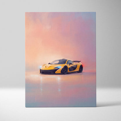 Mclaren p1 inspired car wall art canvas print featuring a vibrant yellow sports car with black accents and blue headlights