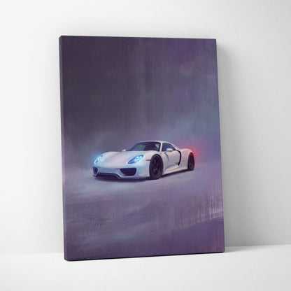 White Porsche 918 Spyder inspired luxury supercar canvas print with glowing blue headlights and red taillights in mist