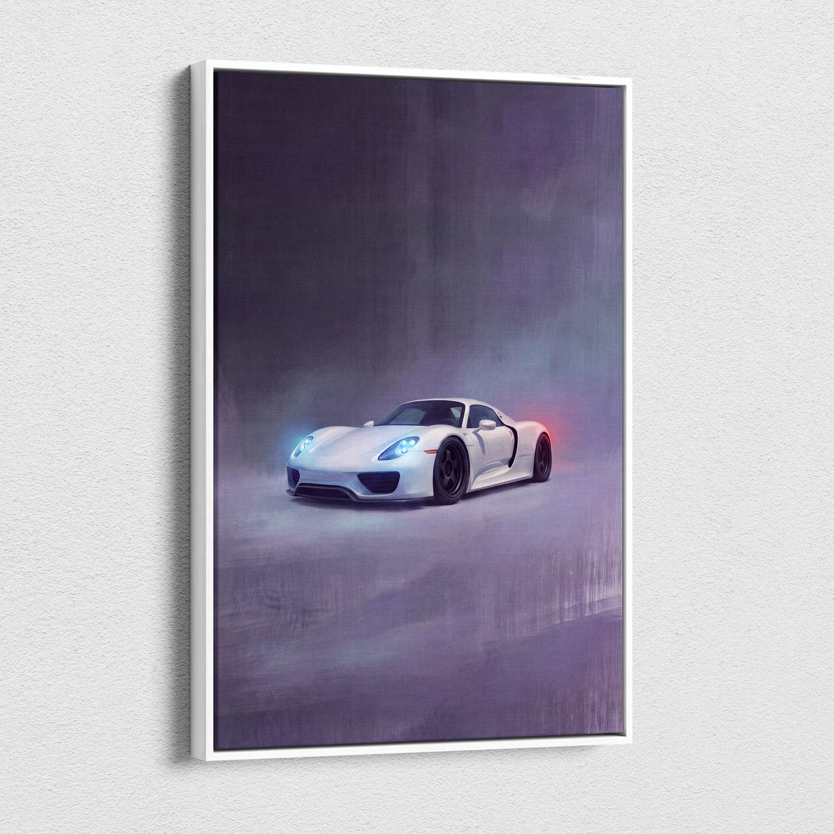 White Porsche 918 Spyder inspired automotive wall art featuring a sleek sports car with glowing blue headlights on canvas print