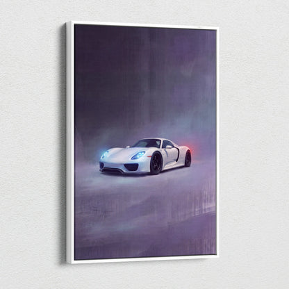 White Porsche 918 Spyder inspired automotive wall art featuring a sleek sports car with glowing blue headlights on canvas print
