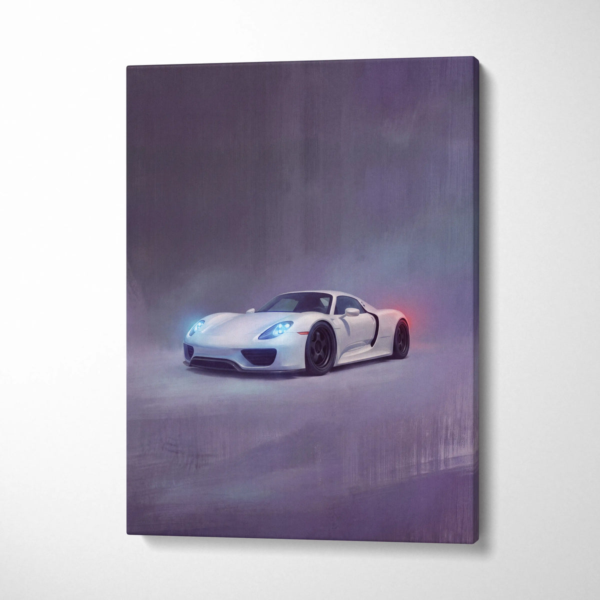 White Porsche 918 Spyder luxury supercar canvas print with glowing blue headlights and red taillights in misty background