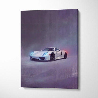 White Porsche 918 Spyder luxury supercar canvas print with glowing blue headlights and red taillights in misty background