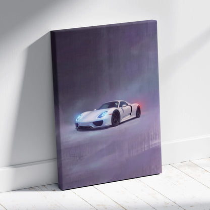 White porsche 918 spyder luxury supercar canvas print with glowing blue headlights in misty purple scene