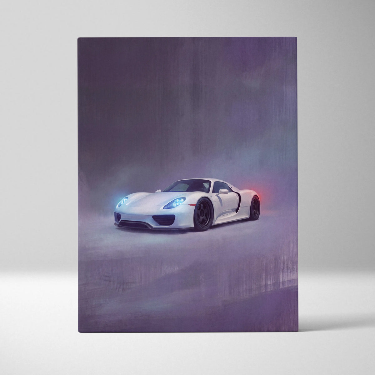 White Porsche 918 Spyder inspired automotive wall art featuring glowing blue headlights and black rims on canvas print