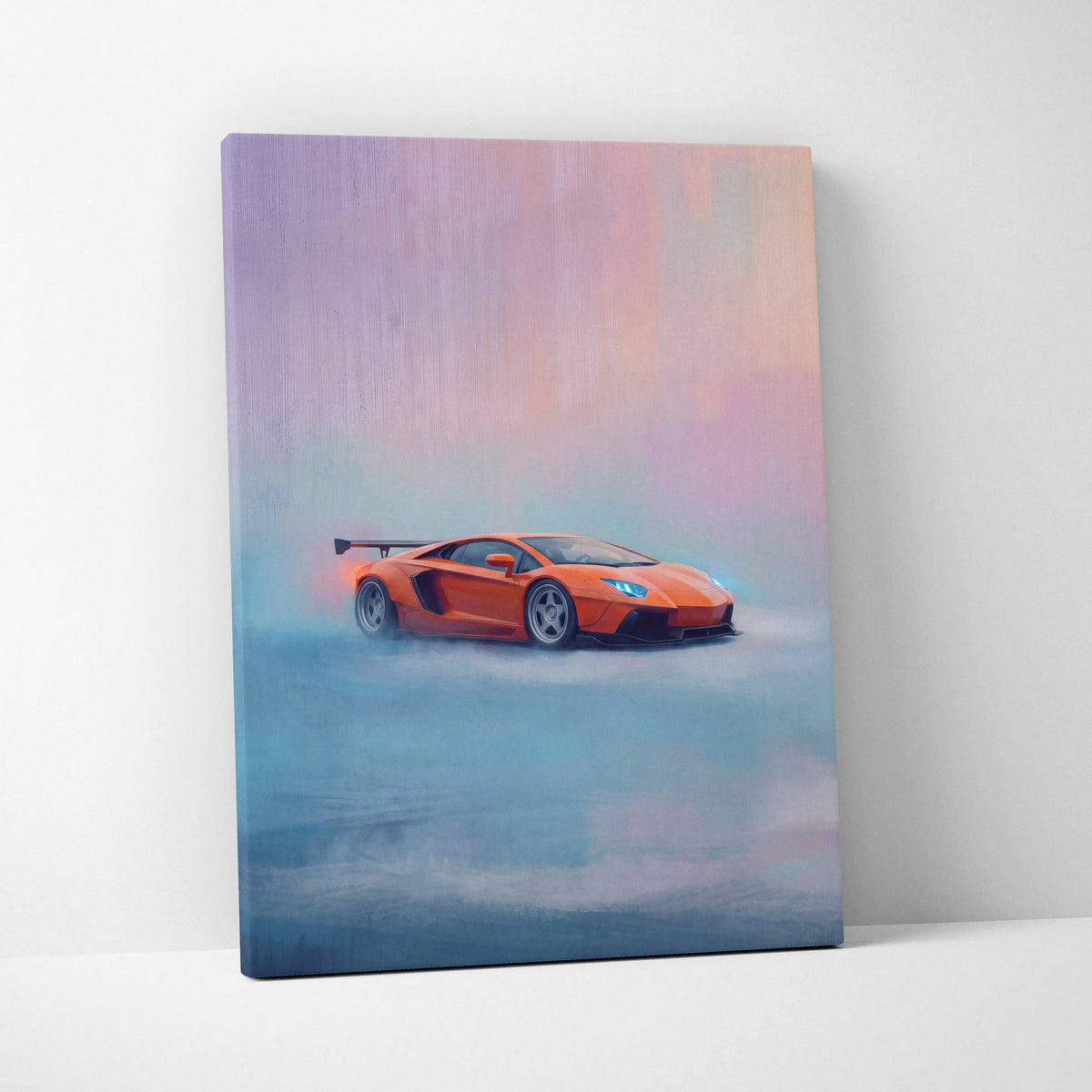 Orange Lamborghini Aventador inspired supercar canvas art print featuring sleek design and glowing blue headlights