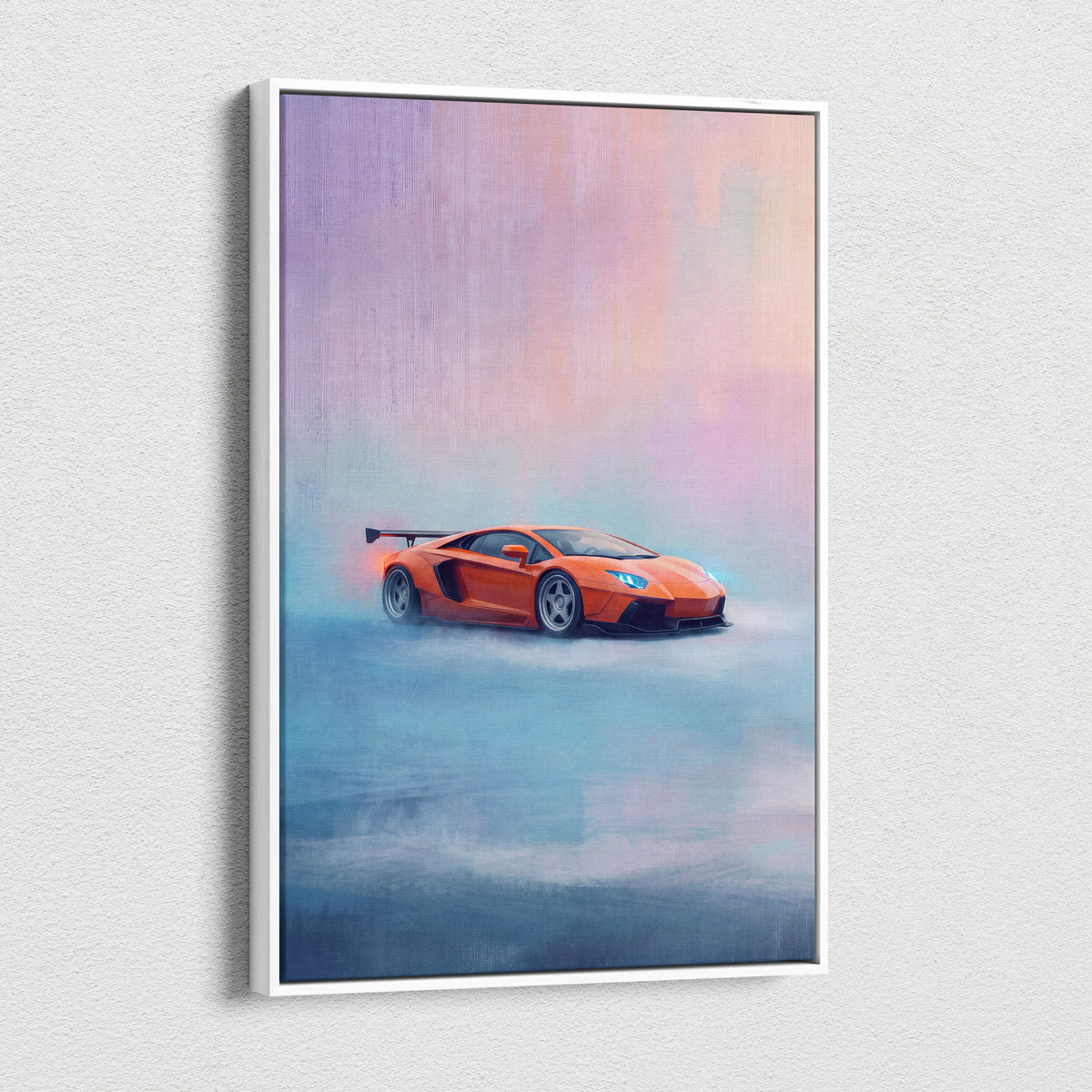 Orange lamborghini aventador sports car artwork in a white frame custom car wall art canvas print