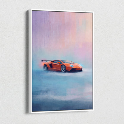 Orange lamborghini aventador sports car artwork in a white frame custom car wall art canvas print