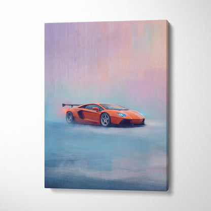 Vibrant orange Lamborghini Aventador supercar canvas art featuring stylized misty artwork for wall decor