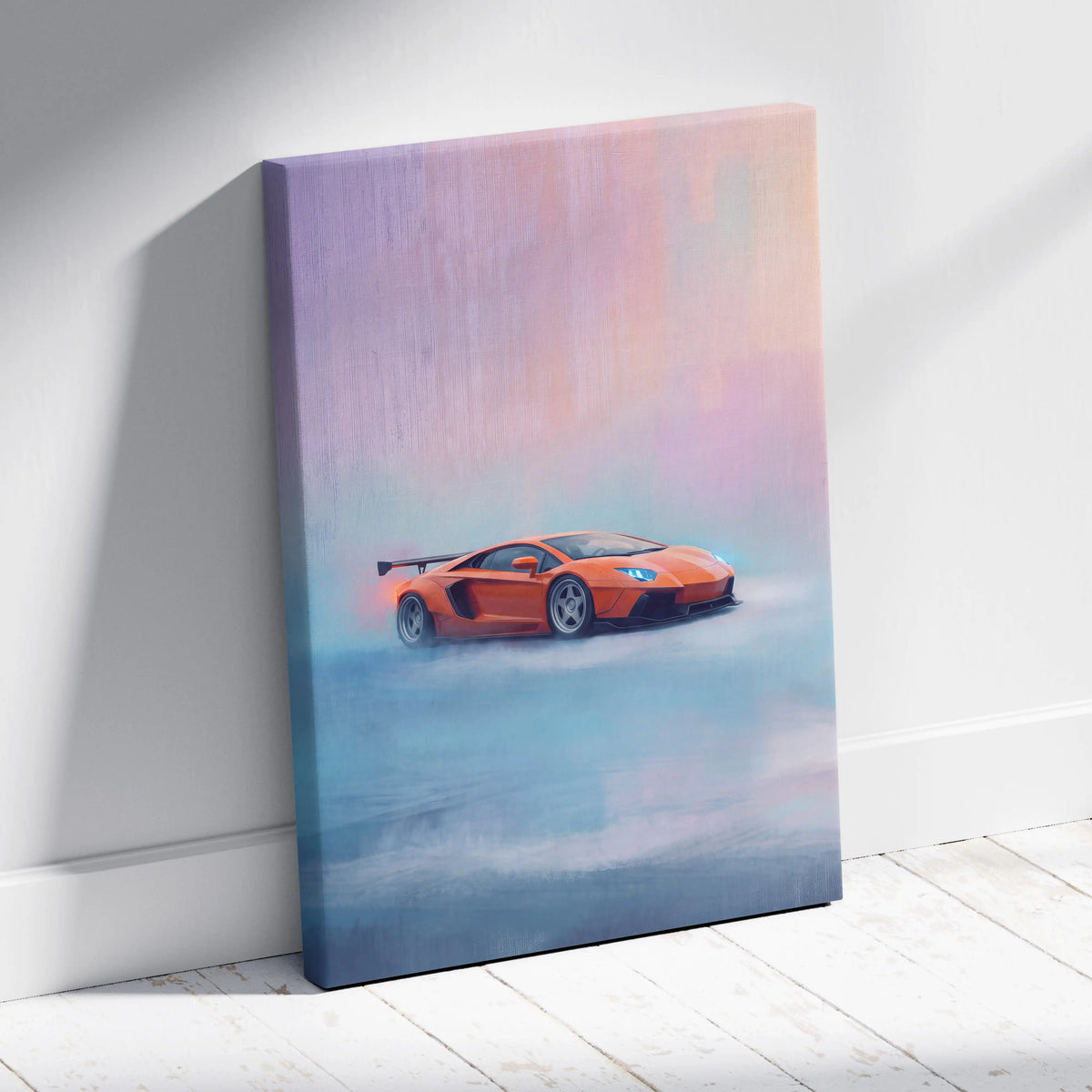 Vibrant orange Lamborghini Aventador inspired supercar canvas art print featuring a dynamic misty scene on stretched canvas