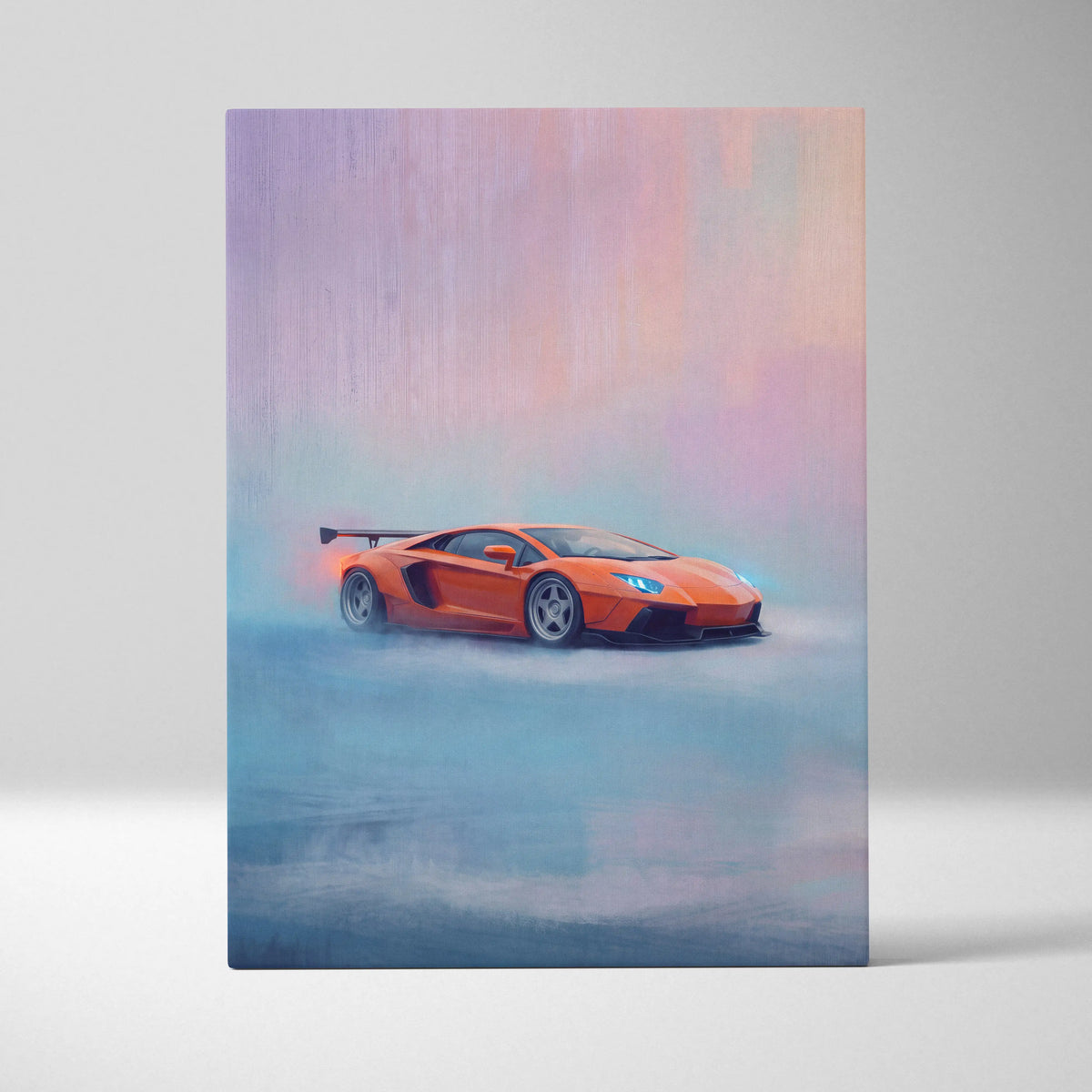Vibrant orange lamborghini aventador sports car in stylized painterly art on canvas wall art print with misty background