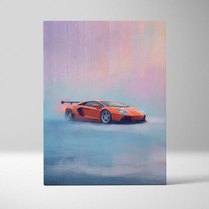 Vibrant orange lamborghini aventador sports car in stylized painterly art on canvas wall art print with misty background