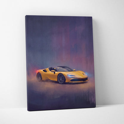 Vibrant yellow Ferrari SF90 Spider inspired canvas art featuring a dynamic sports car painting for premium wall decor