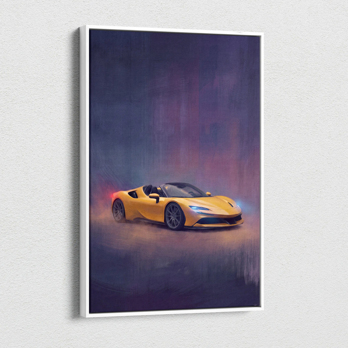 Yellow ferrari sf90 spider inspired canvas art featuring a dynamic sports car painting in a white frame for wall decor