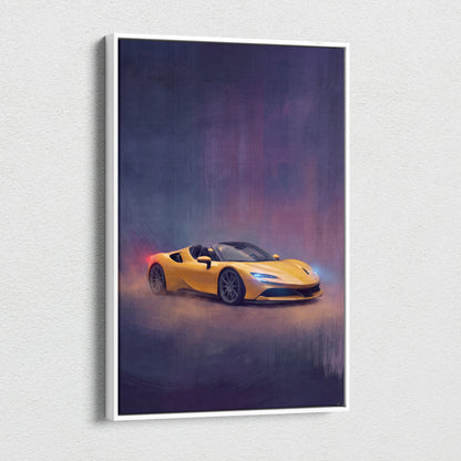 Yellow ferrari sf90 spider inspired canvas art featuring a dynamic sports car painting in a white frame for wall decor