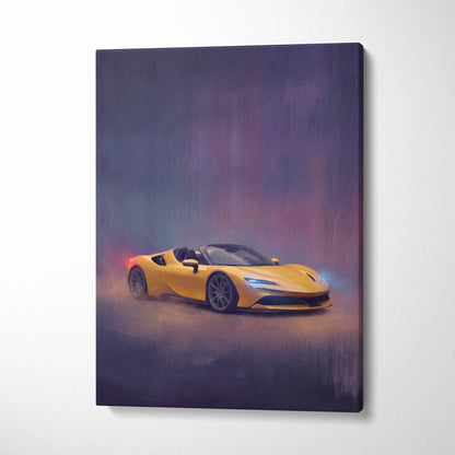 Vibrant yellow ferrari sf90 spider inspired sports car depicted in dynamic painterly style on premium canvas wall art