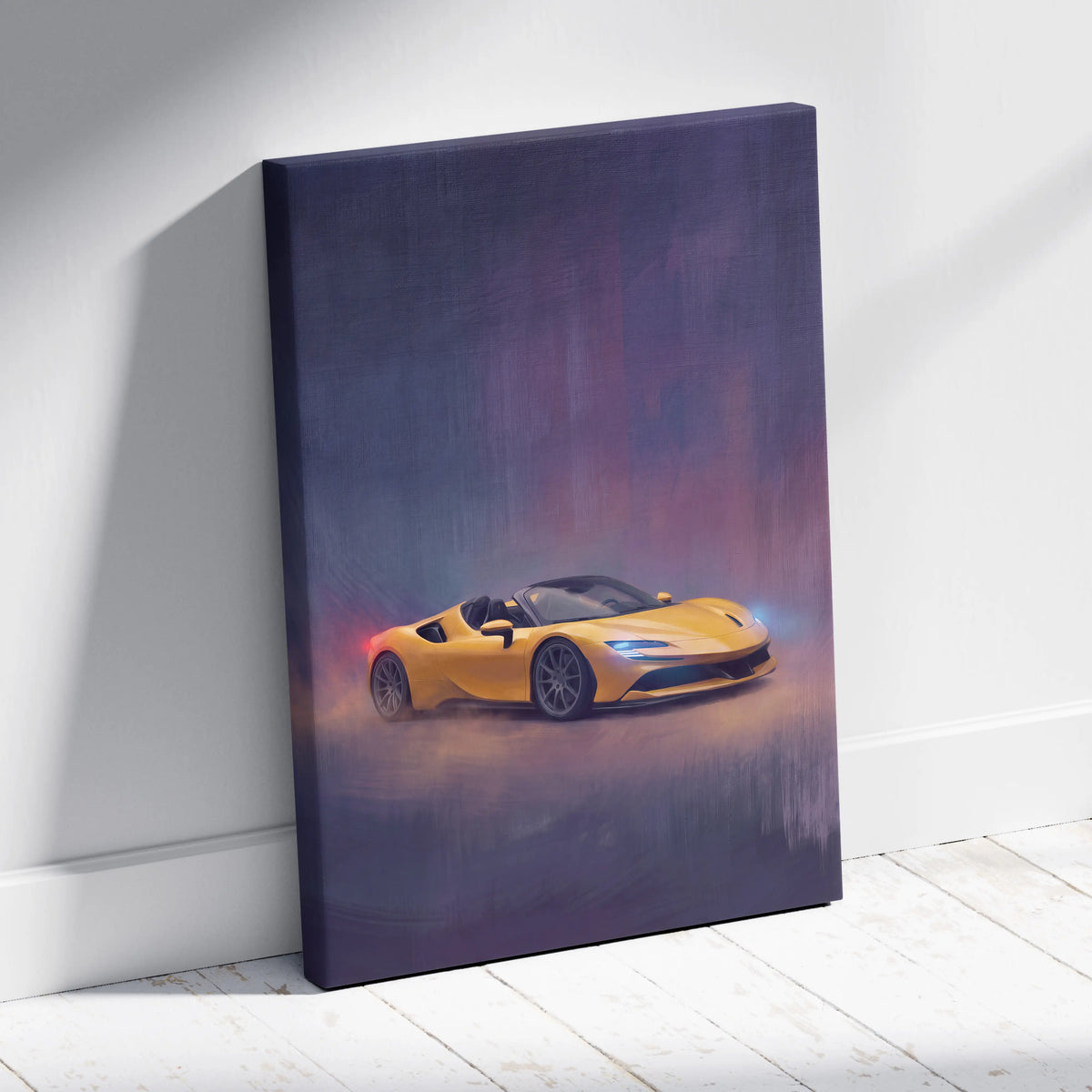 Yellow ferrari sf90 spider inspired canvas art featuring a premium sports car wall decor print
