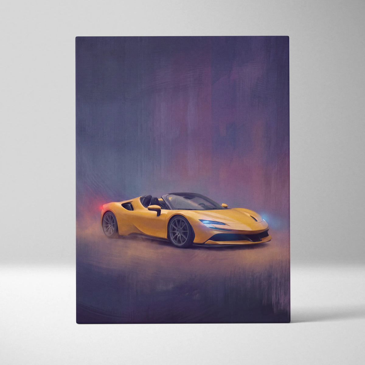 Vibrant yellow Ferrari F8 Spider canvas art with glowing lights in painterly style for premium wall decor