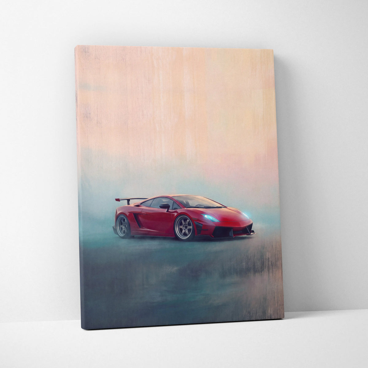 Red lamborghini gallardo inspired track edition canvas painting print with sleek design and misty background