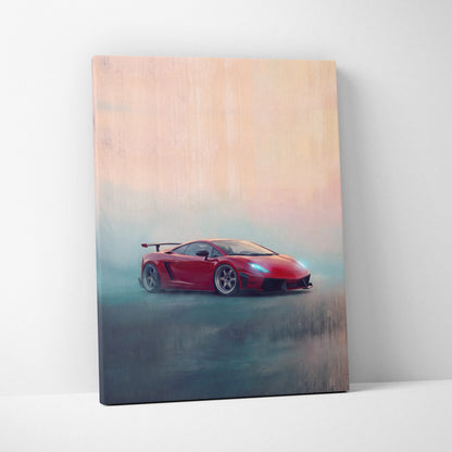 Red lamborghini gallardo inspired track edition canvas painting print with sleek design and misty background