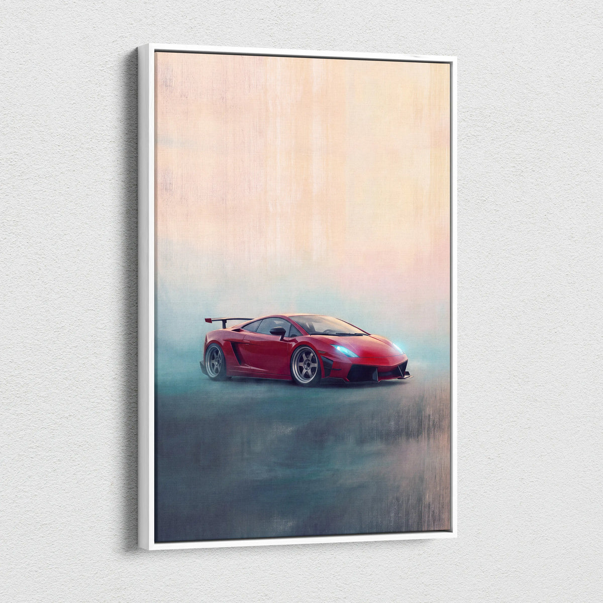 Red lamborghini gallardo sports car in misty atmospheric canvas painting print framed in white for wall art decor