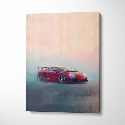 Red Lamborghini gallardo sports car in a dynamic misty scene on acrylic canvas wall art track edition print