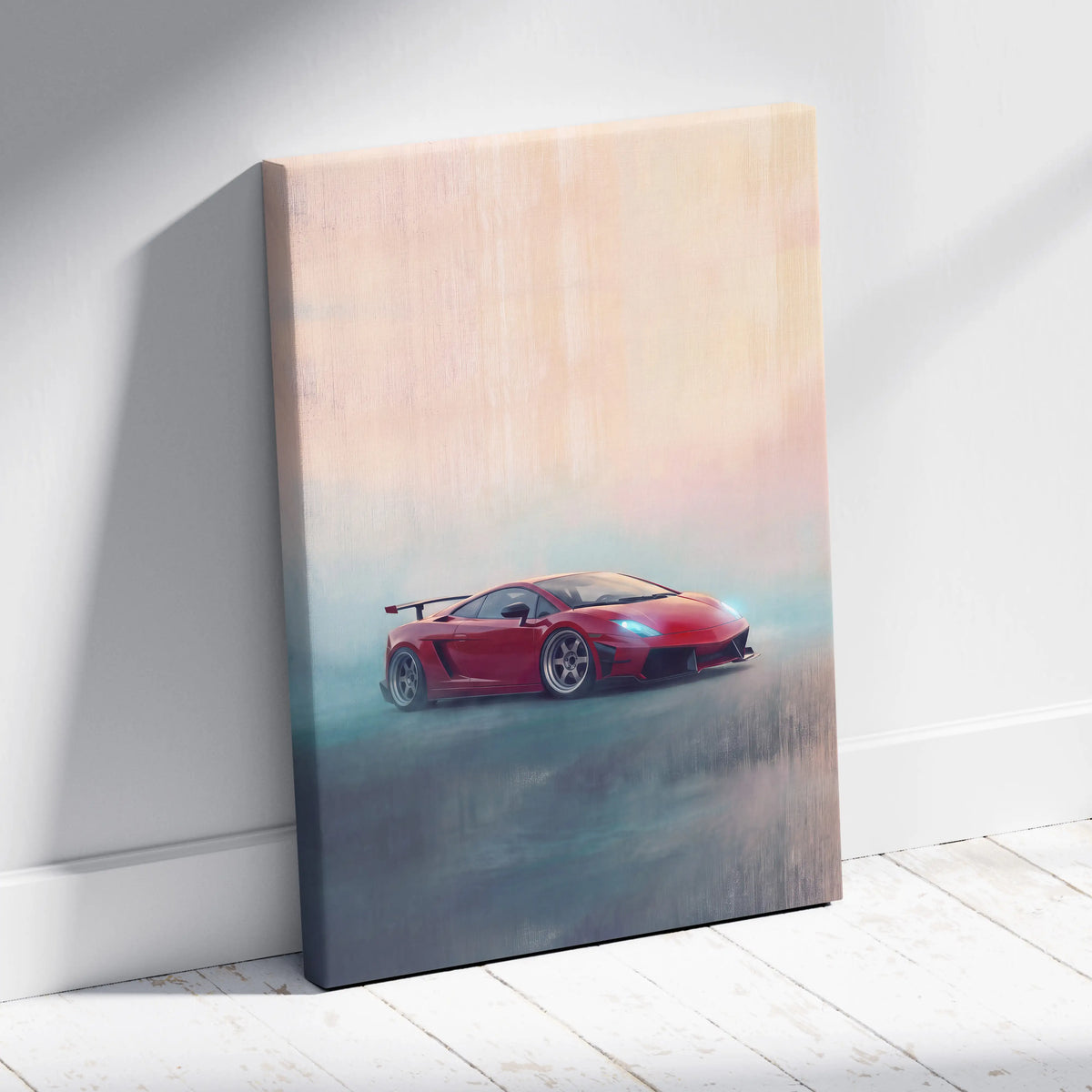 Red Lamborghini Gallardo inspired canvas print featuring a sleek sports car with glowing headlights against misty sky