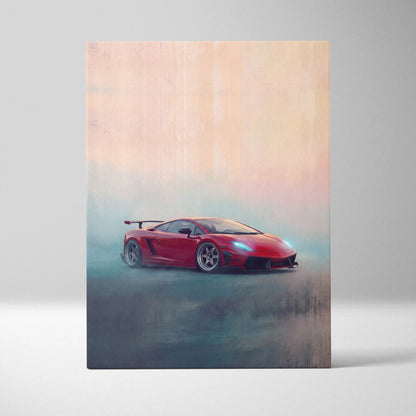 Red Lamborghini Gallardo inspired car wall art featuring a stylized sports car with glowing blue headlights on canvas