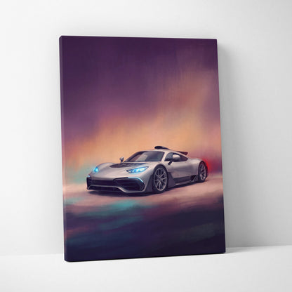 Silver mercedes-amg petronas formula one car canvas print with glowing blue headlights and purple orange gradient sky